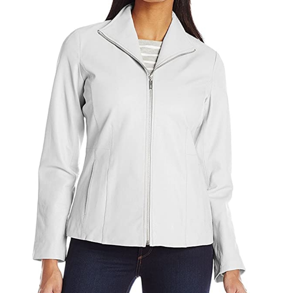 Cole Haan gray leather wing collar full zip jacket